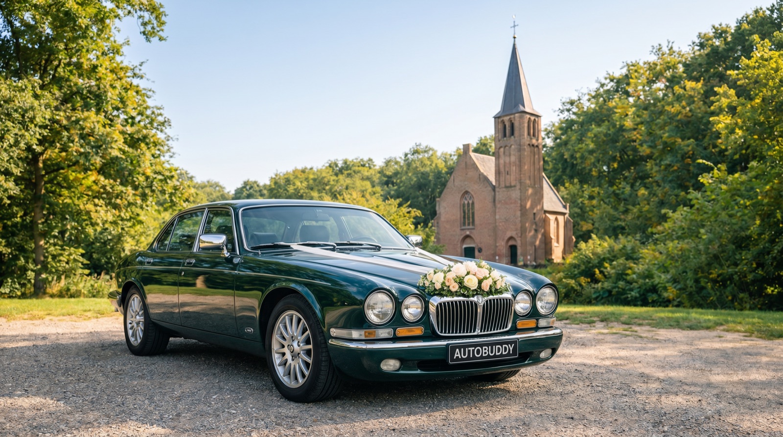 Klassieke donkergroene Daimler limousine met bruidsbloemen, voor bijzondere gelegenheden