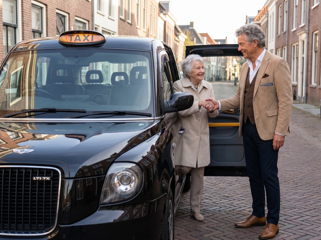 Autobuddy-chauffeur helpt een oudere mevrouw vriendelijk de London taxi in