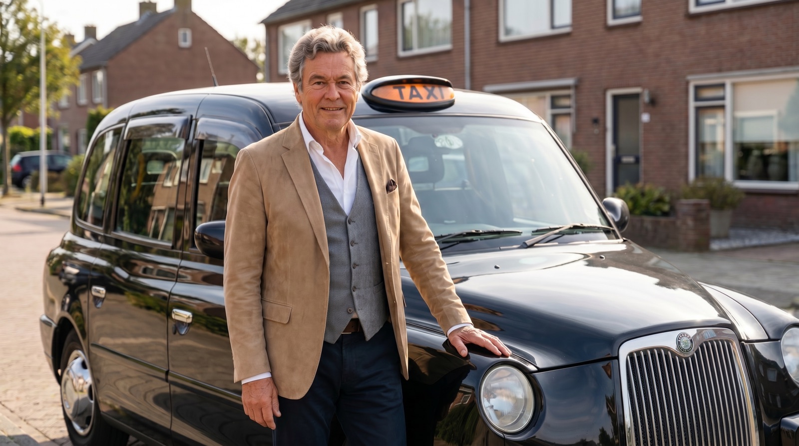 Vrijwillige chauffeur van Autobuddy bij zijn klassieke zwarte London taxi in een Nederlandse straat