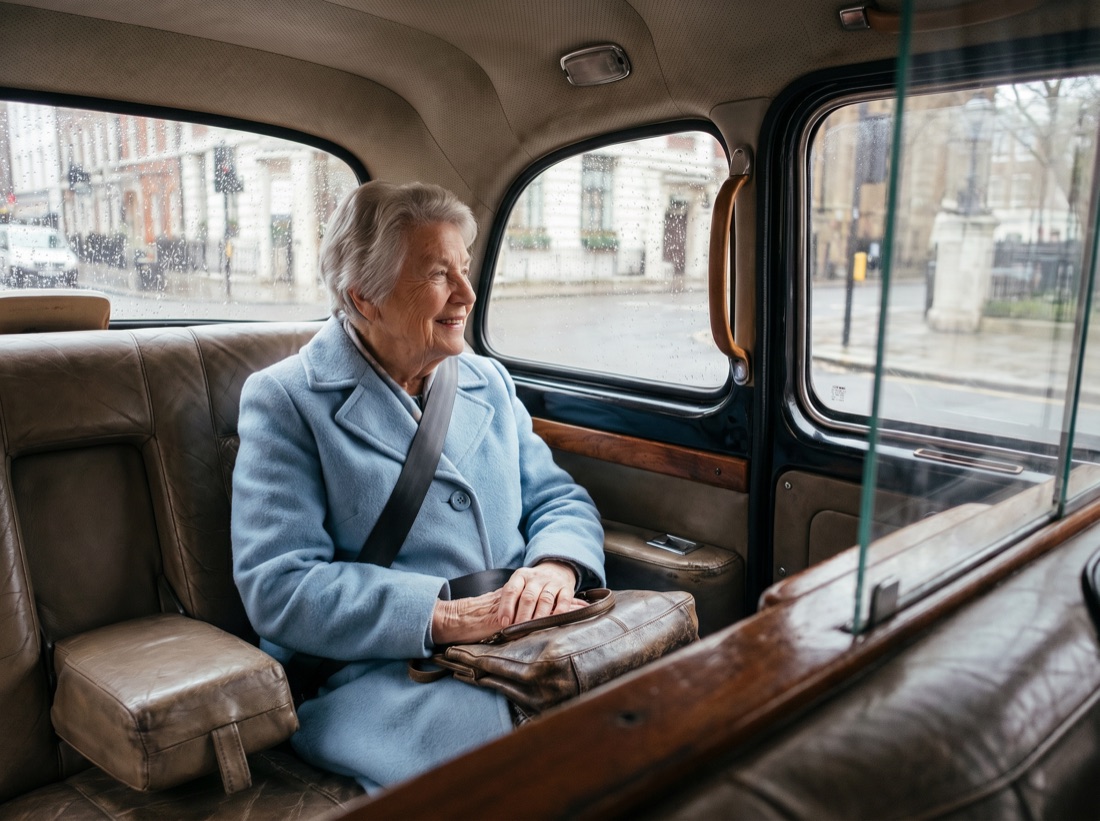 Tevreden oudere passagier zit comfortabel achterin de London taxi onderweg naar haar bestemming